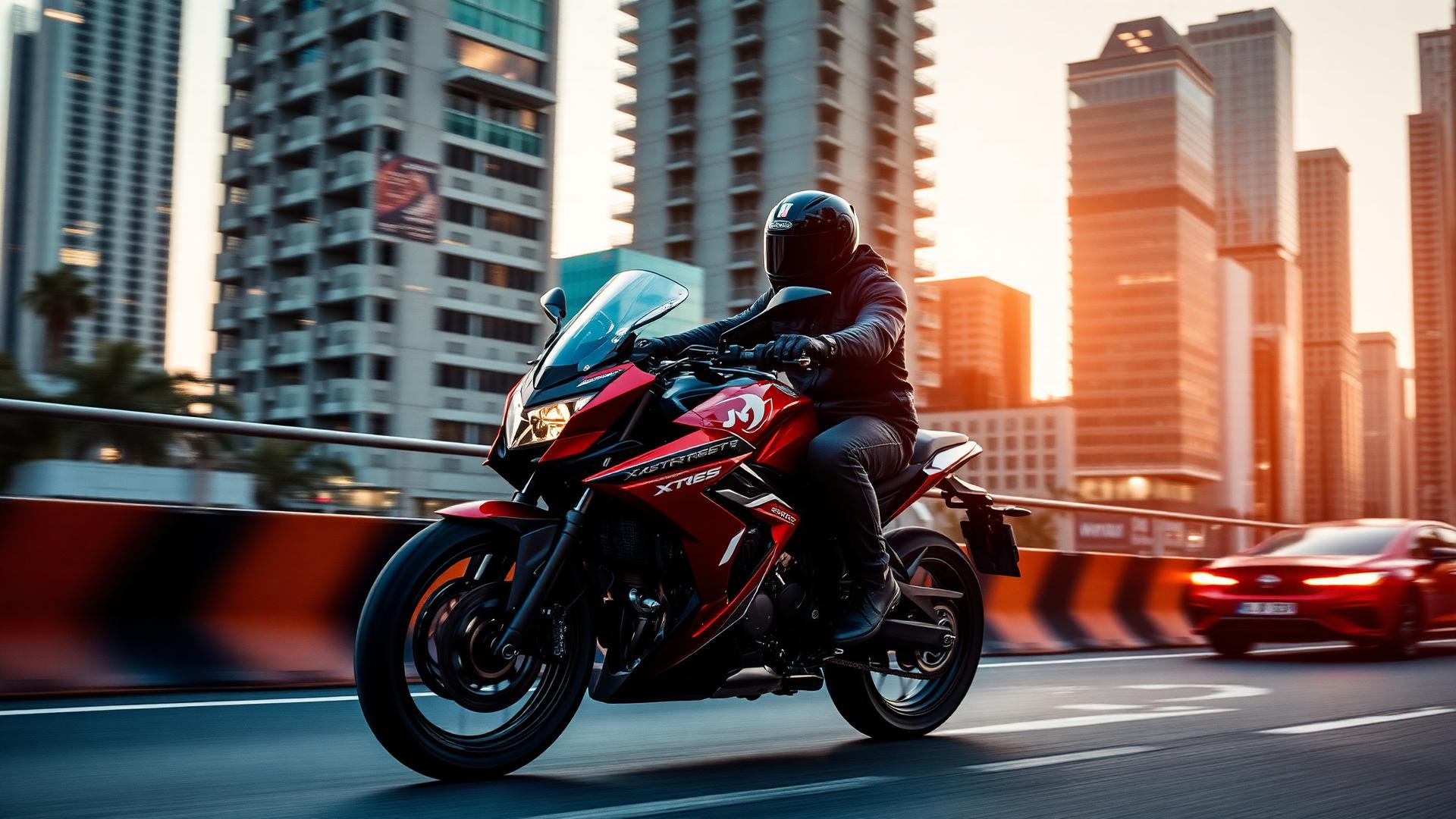 Rider UM Motorcycles en la Ciudad de México al atardecer